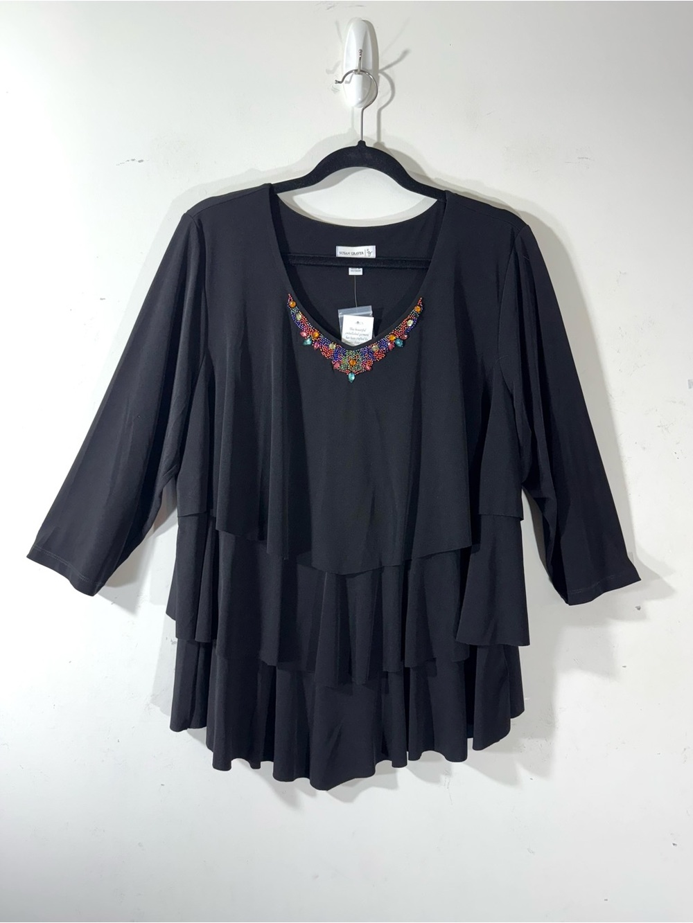 Susan Graver black Tiered Layered Embellished Neck Tunic Top 1X NEW